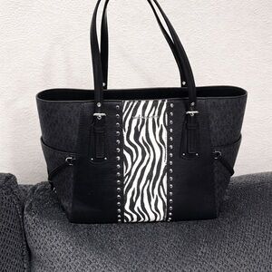 Michael Kors Zebra Print Studded Tote Bag Black Large MK Shoulder Bag